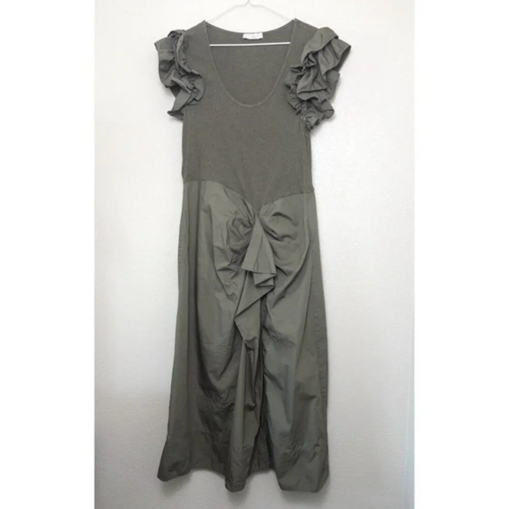 Ulla Johnson Isabella Ruffle Dress XL Military Melange Draped Midi Green - Picture 6 of 13